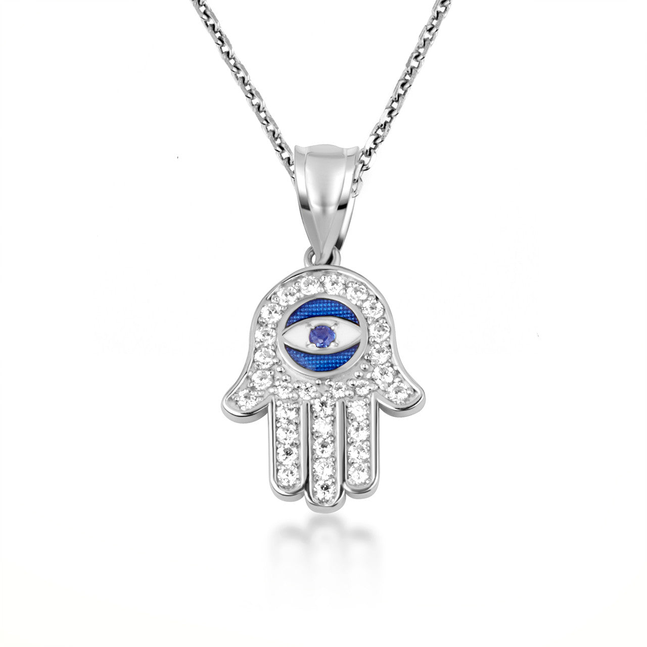 Gold Enamel Cubic Zirconia Studded Hamsa Hand Evil Eye Of Protection Pendant Necklace (Available in Yellow/Rose/White Gold)