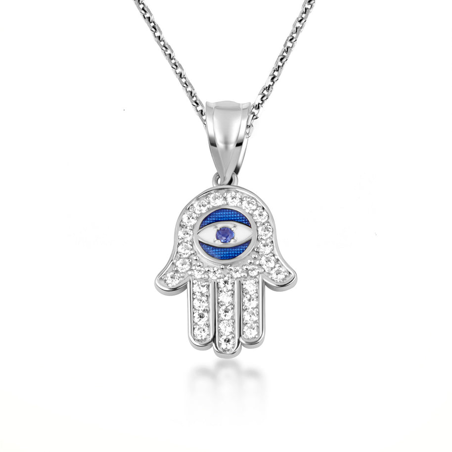 Gold Enamel Cubic Zirconia Studded Hamsa Hand Evil Eye Of Protection Pendant Necklace (Available in Yellow/Rose/White Gold)