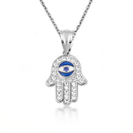 Gold Enamel Cubic Zirconia Studded Hamsa Hand Evil Eye Of Protection Pendant Necklace (Available in Yellow/Rose/White Gold)