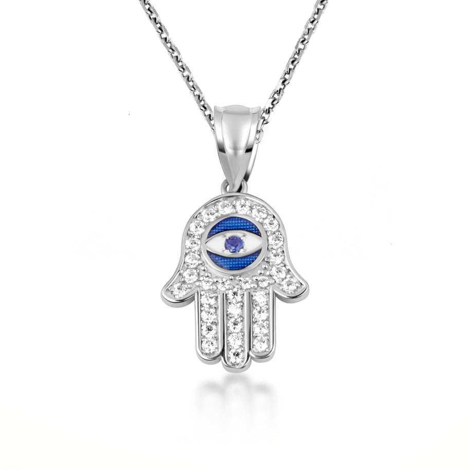.925 Sterling Silver Enamel Cubic Zirconia Studded Hamsa Hand Evil Eye Of Protection Pendant Necklace