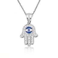 .925 Sterling Silver Enamel Cubic Zirconia Studded Hamsa Hand Evil Eye Of Protection Pendant Necklace
