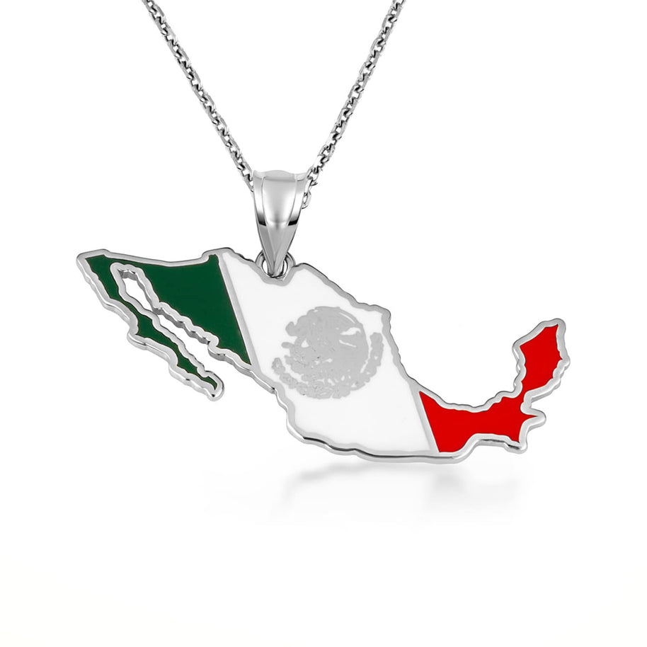 .925 Sterling Silver Mexico Map Flag Enamel Pendant Necklace
