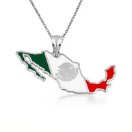 .925 Sterling Silver Mexico Map Flag Enamel Pendant Necklace