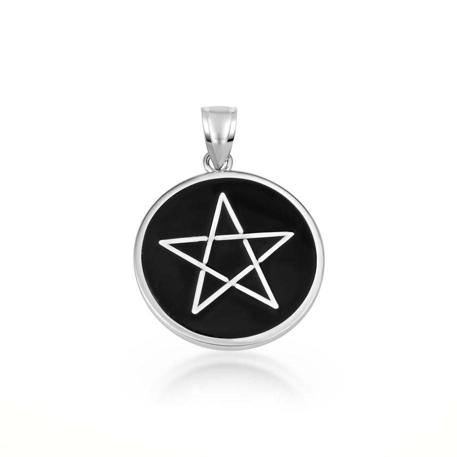 Gold Enamel Wiccan 5 Point Star Pentagram Medallion Pendant Necklace (Available in Yellow/Rose/White Gold)