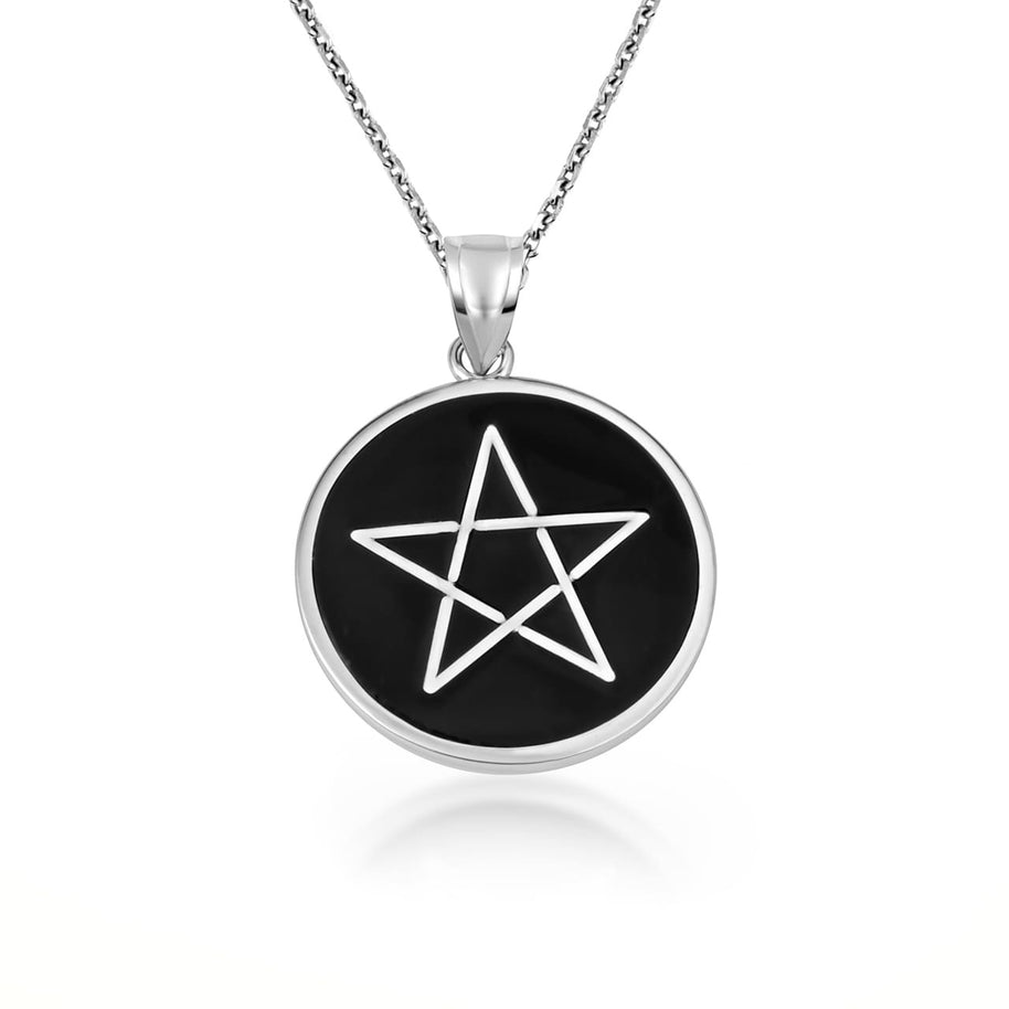 Gold Enamel Wiccan 5 Point Star Pentagram Medallion Pendant Necklace (Available in Yellow/Rose/White Gold)