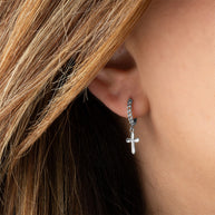 .925 Sterling Silver Cross Crucifix Jesus Christ Milgrain Cuban Link Huggie Hoop Earrings
