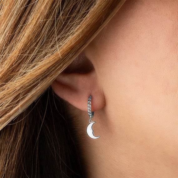 .925 Sterling Silver Crescent Moon Face Cuban Link Huggie Hoop Earrings