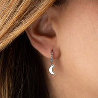 .925 Sterling Silver Crescent Moon Cuban Link Huggie Hoop Earrings
