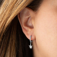 .925 Sterling Silver Marijuana Leaf Cannabis Cuban Link Huggie Hoop Earrings