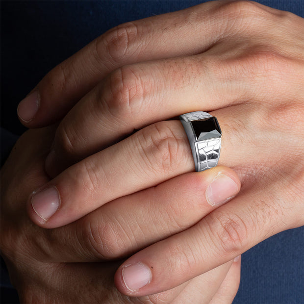 .925 Sterling Silver Black Onyx Gemstone Nugget Milgrain Signet Ring