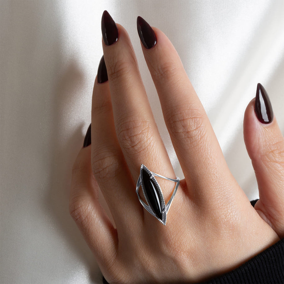 .925 Sterling Silver Elongated Marquise Cut Black Onyx Gemstone Milgrain Ring