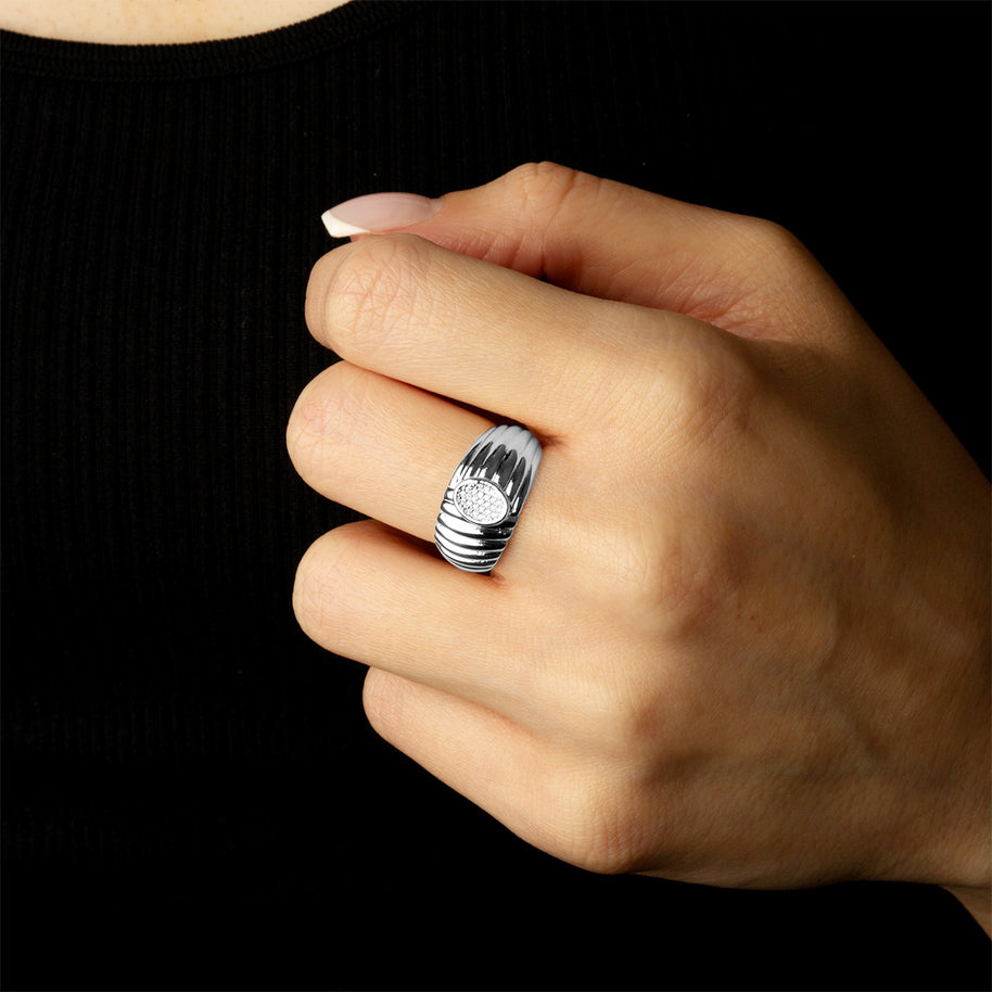 .925 Sterling Silver Ribbed Oval Solitaire Cubic Zirconia Ring