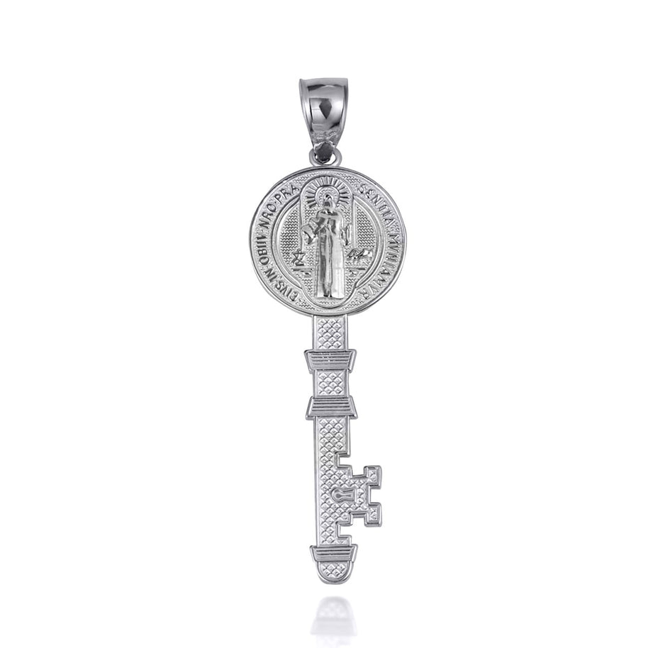 Two-Tone Gold Saint Benedict Medal Key Textured Pendant Necklace (Available in Small/Large & Yellow/Rose/White Gold)