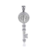 Two-Tone Gold Saint Benedict Medal Key Textured Pendant Necklace (Available in Small/Large & Yellow/Rose/White Gold)