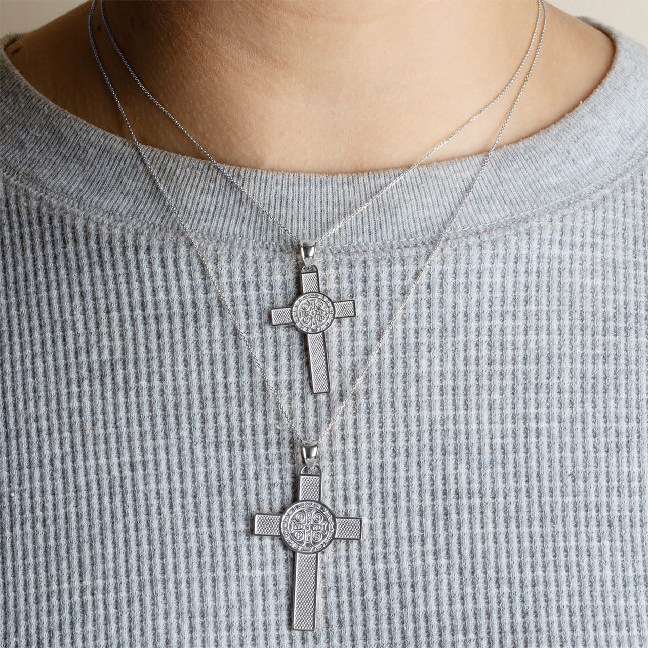 .925 Sterling Silver Saint Benedict Medal Cross Textured Pendant Necklace (Available in Small/Large)