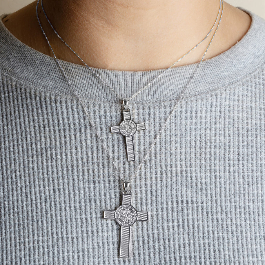 .925 Sterling Silver Saint Benedict Medal Cross Textured Pendant Necklace (Available in Small/Large)