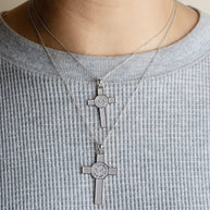.925 Sterling Silver Saint Benedict Medal Cross Textured Pendant Necklace (Available in Small/Large)