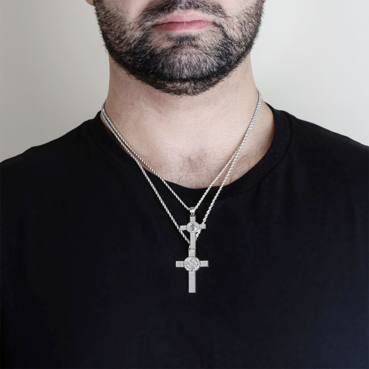 .925 Sterling Silver Saint Benedict Medal Cross Textured Pendant Necklace (Available in Small/Large)