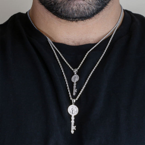 .925 Sterling Silver Saint Benedict Medal Key Textured Pendant Necklace (Available in Small/Large)