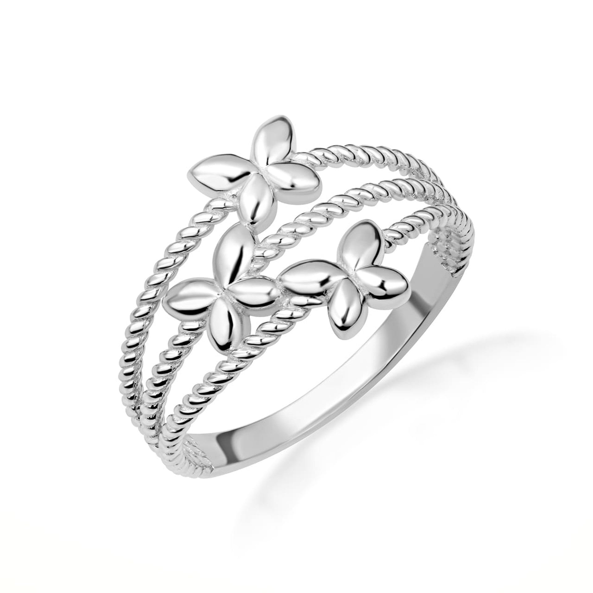 .925 Sterling Silver Triple Butterfly Rope Band Ring