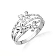 .925 Sterling Silver Triple Butterfly Rope Band Ring