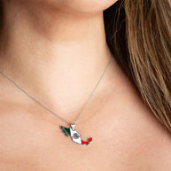 .925 Sterling Silver Mexico Map Flag Enamel Pendant Necklace