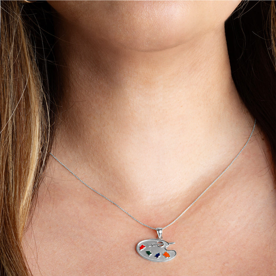 .925 Sterling Silver Enamel Palette Paint Brush Artist Pendant Necklace