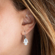 .925 Sterling Silver Enamel Cubic Zirconia Studded Hamsa Hand Evil Eye Of Protection Leverback Earrings