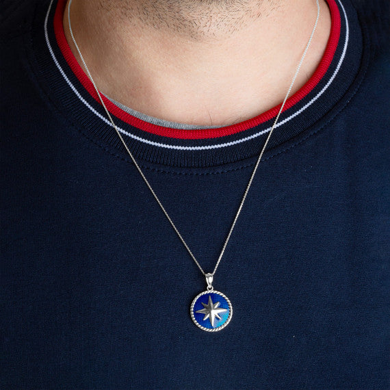 .925 Sterling Silver Enamel Compass Rose Medallion Pendant Necklace