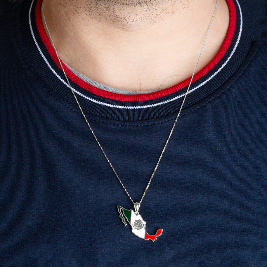 .925 Sterling Silver Mexico Map Flag Enamel Pendant Necklace