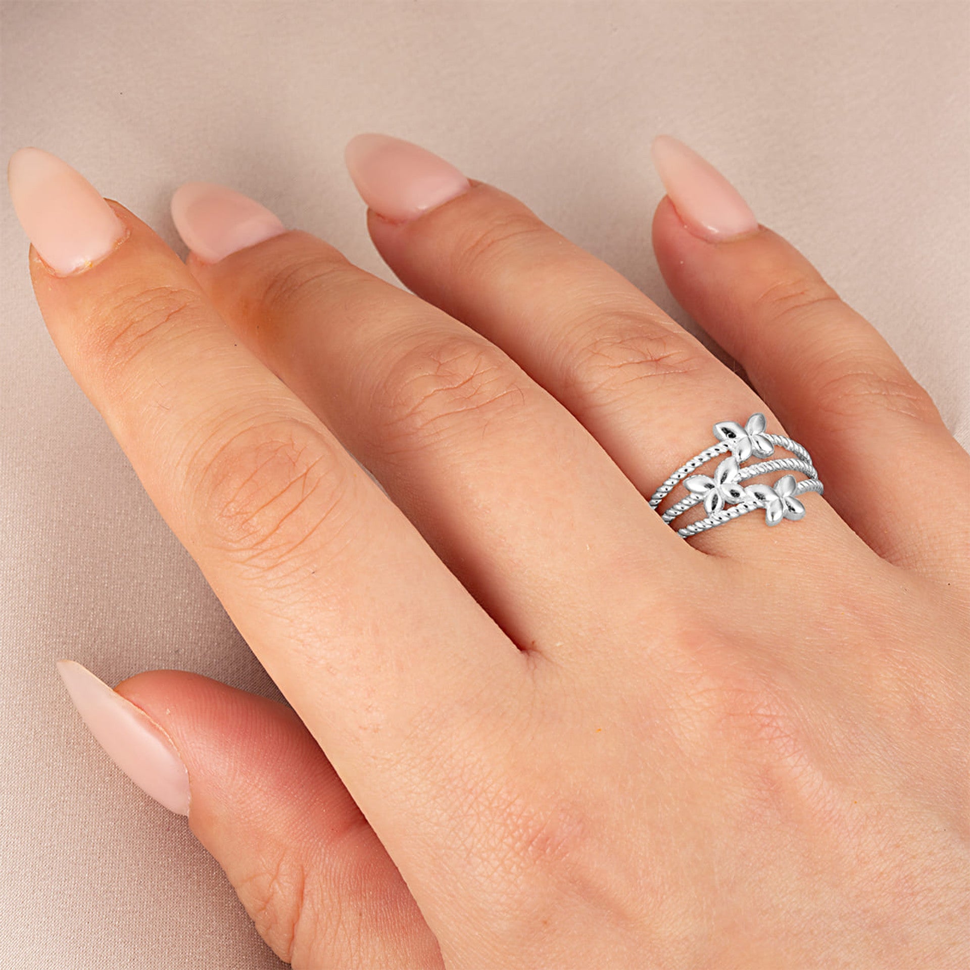 .925 Sterling Silver Triple Butterfly Rope Band Ring