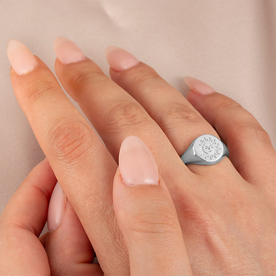 .925 Sterling Silver Sun Face Signet Ring