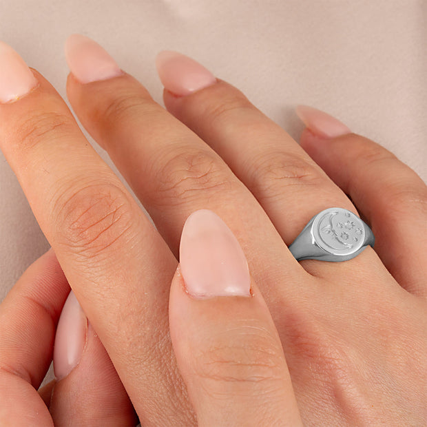 .925 Sterling Silver Moon Face Celestial Stars Signet Ring