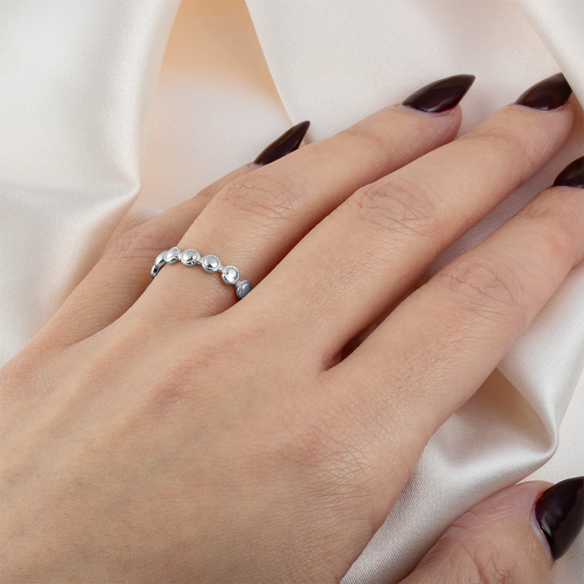 .925 Sterling Silver Beaded Circle Bubble Band Eternity Ring