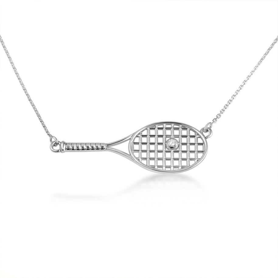 .925 Sterling Silver Cubic Zirconia Tennis Racket Sports Pendant Necklace