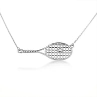 .925 Sterling Silver Cubic Zirconia Tennis Racket Sports Pendant Necklace