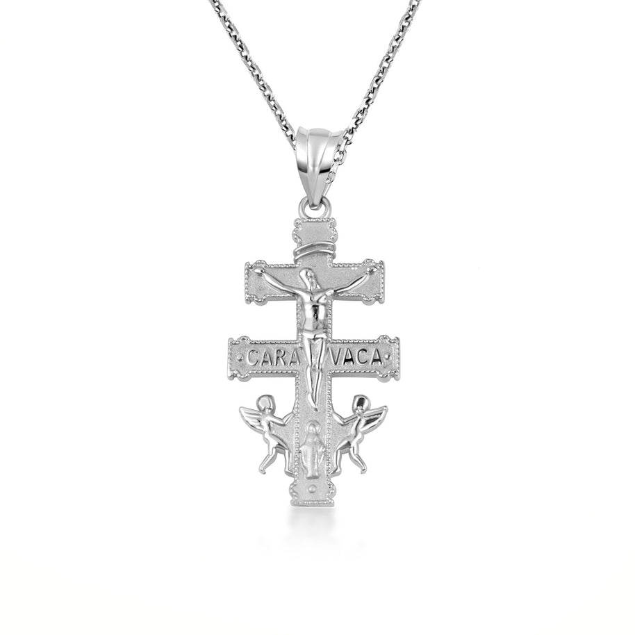 Gold Spanish Caravaca Cross Crucifix Jesus Christ Angels Pendant Necklace (Available in Yellow/Rose/White Gold)