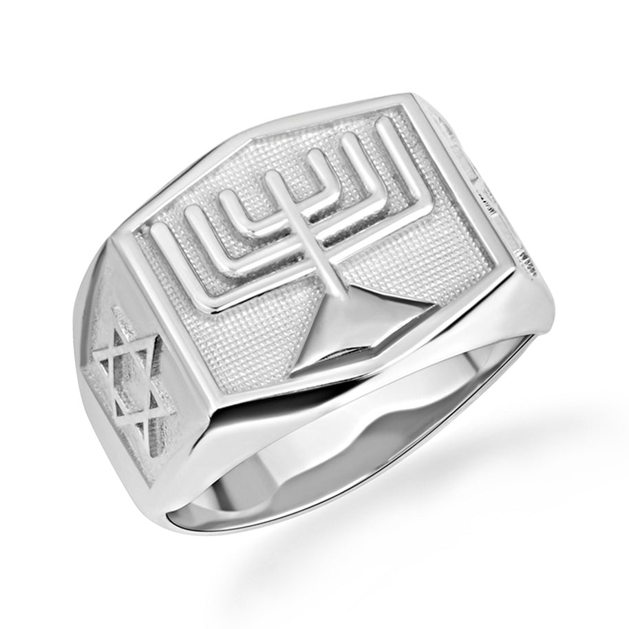 .925 Sterling Silver Jewish Star Of David Menorah Signet Ring
