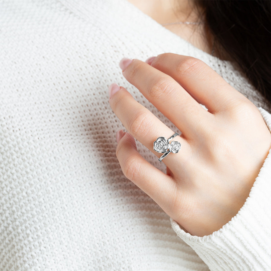 .925 Sterling Silver Double Rose Flower Band Ring