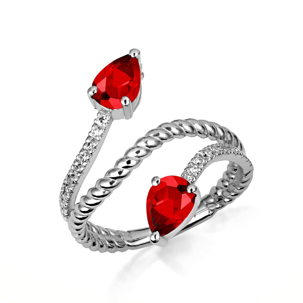 .925 Sterling Silver Pear Cut Double Gemstone Wrap Around Rope Band Ring