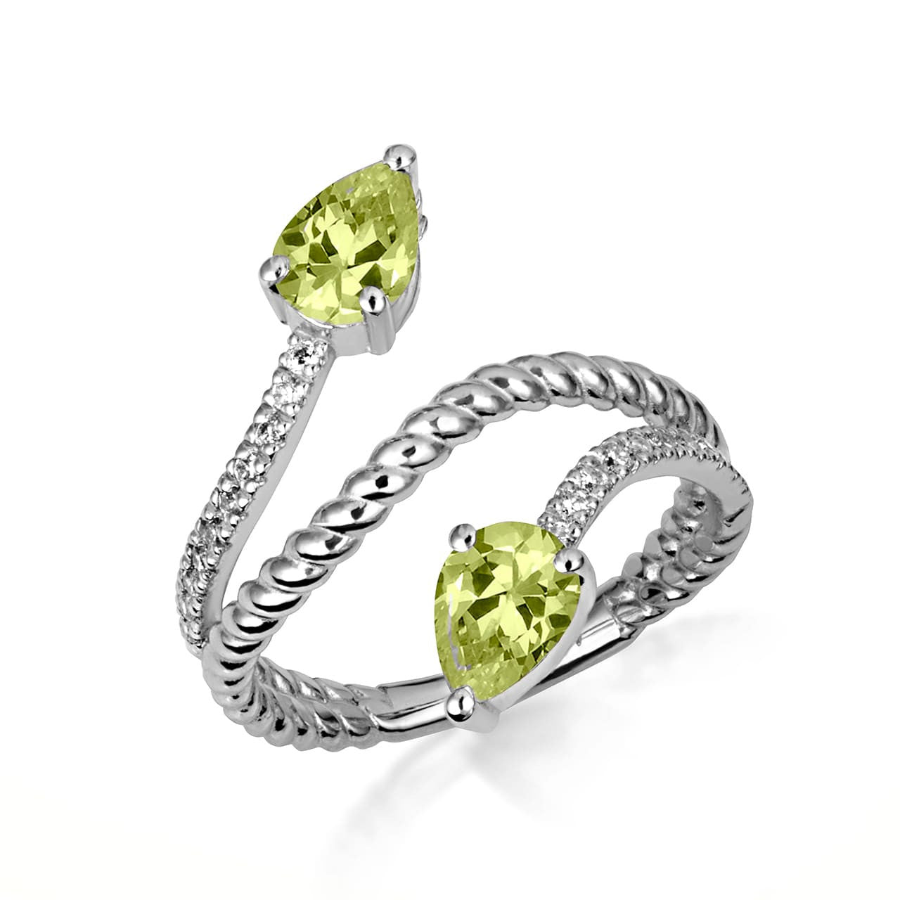 .925 Sterling Silver Pear Cut Double Gemstone Wrap Around Rope Band Ring