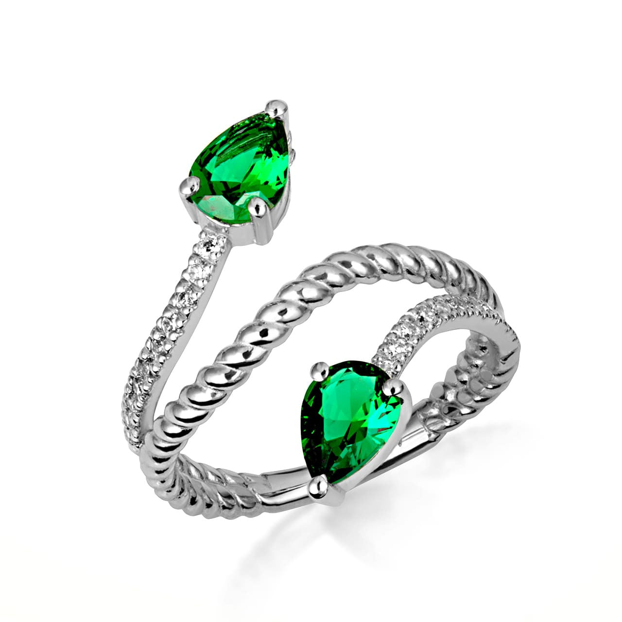 .925 Sterling Silver Pear Cut Double Gemstone Wrap Around Rope Band Ring