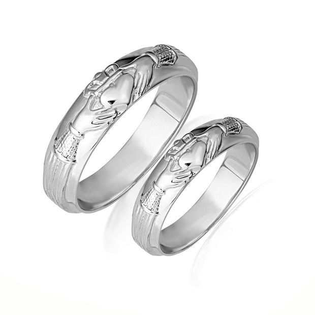 .925 Sterling Silver Irish Celtic Claddagh Heart Wedding Band Ring Set