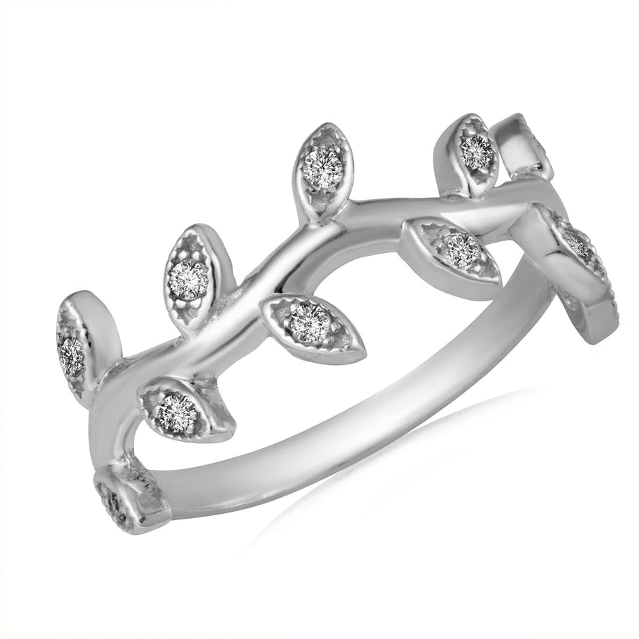 .925 Sterling Silver Studded Olive Branch Vines Band Ring