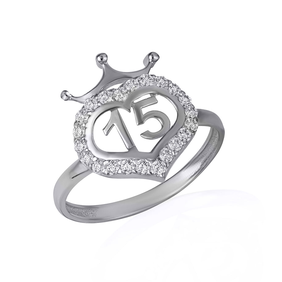 .925 Sterling Silver Cubic Zirconia 15 Años Heart Crown Quinceañera Ring