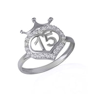 .925 Sterling Silver Cubic Zirconia 15 Años Heart Crown Quinceañera Ring
