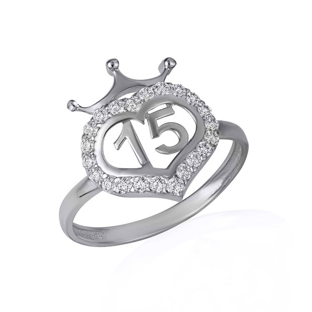.925 Sterling Silver Cubic Zirconia 15 Años Heart Crown Quinceañera Ring