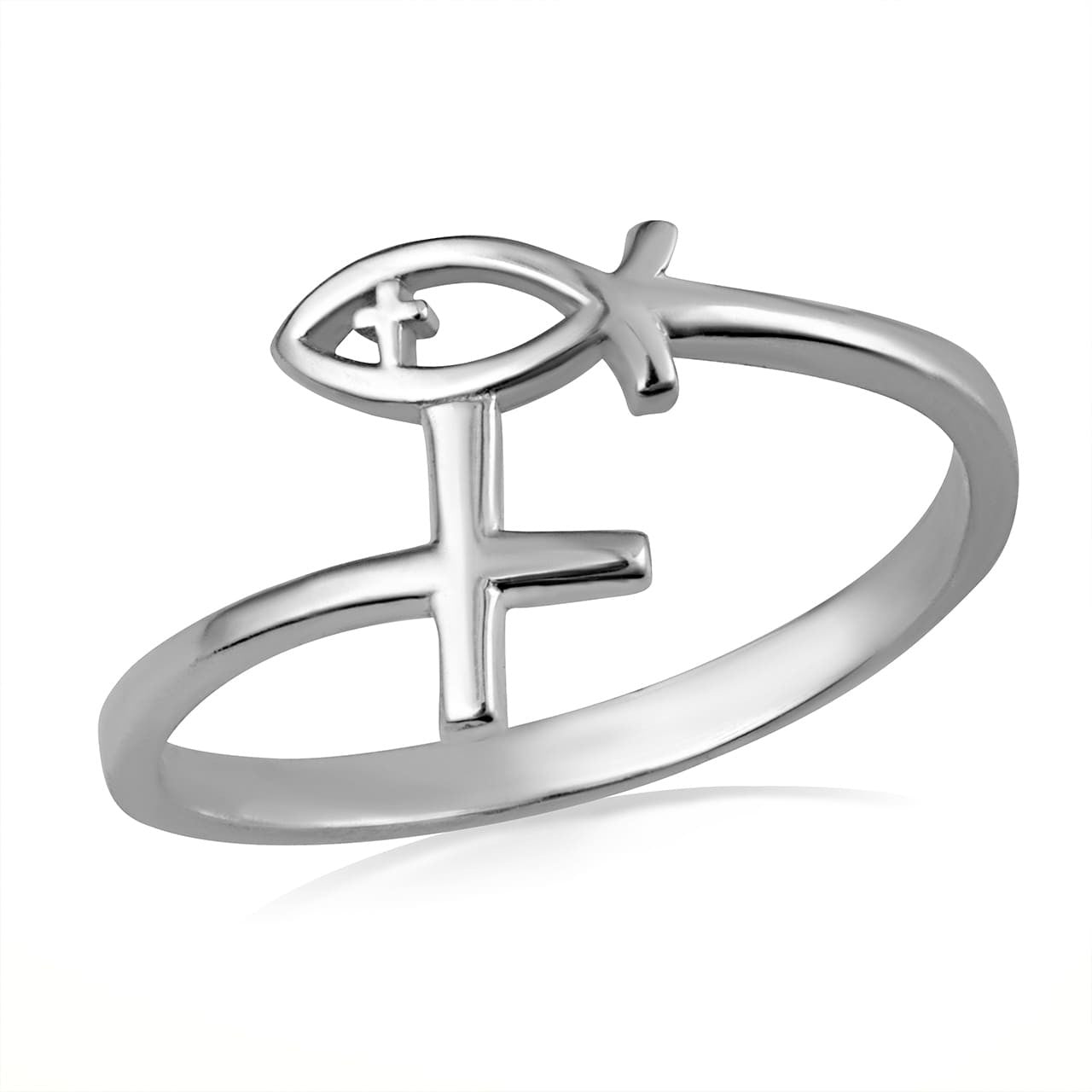 Gold Christian Ichthys Jesus Fish Cross Wraparound Band Ring (Available in Yellow/Rose/White Gold)
