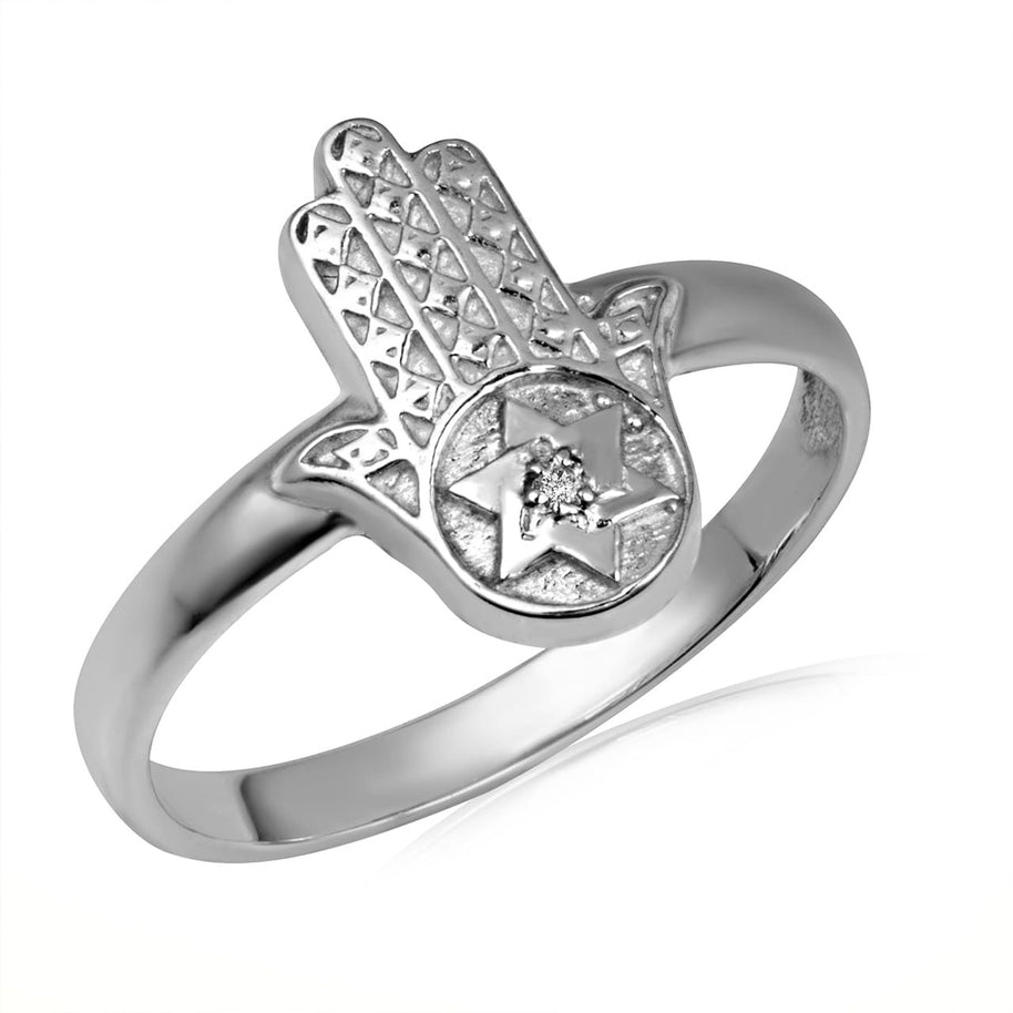 Gold Diamond Hamsa Hand Jewish Star Of David Protection Ring (Available in Yellow/Rose/White Gold)