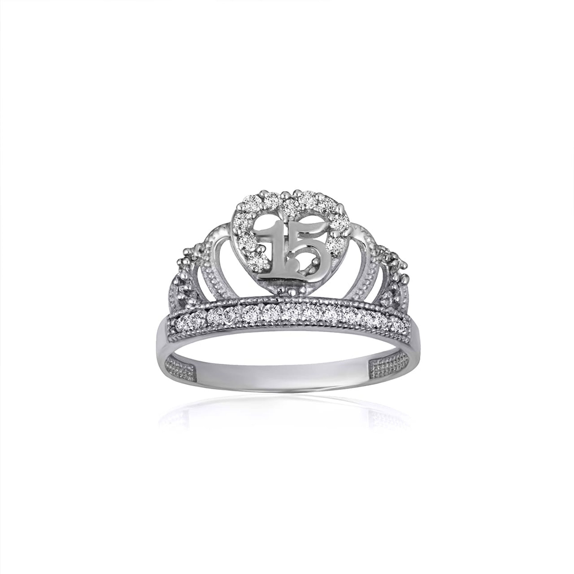 Two-Tone Gold Cubic Zirconia Heart Crown 15 Años Quinceañera Milgrain Ring (Available in Yellow/Rose/White Gold)
